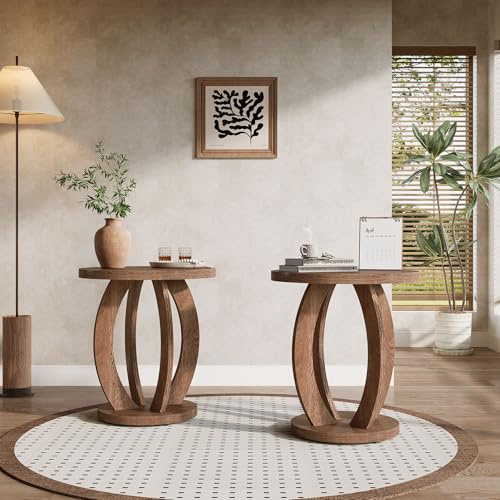 Tribesigns End Table, Round Side Table with Storage, Farmhouse Nightstand Bedside with Round Tabletop, Accent End Table for Living Room Bedroom Small Space, Wooden Accent Furniture (2, Brown)
