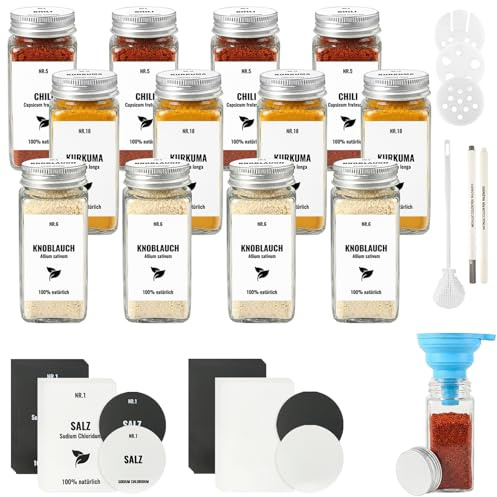 JAECU 12Pcs Glass Spice Jars with Aluminium Lids 120ml Seasoning Bottle | Small Square Spice Containers with Shaker, for Herbs, Salt, Pepper, Msg, White