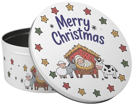 Purely Home Cartoon Nativity Large Cake Tin - Traditional Xmas Religious Kitchen Bakeware Gifts - Round Metal Storage Container for Baking 23 x 10cm