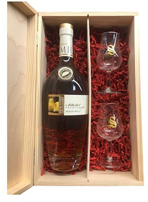 Scheibel PREMIUMplus Gold-Willi | 700 ml | 40% Vol. | Mit 2 Tasting-Gläsern | Edelbrand aus Williams-Christ-Birnen | Intensiv-fruchtig & weich im Abgang (Holzbox, Signatory-Tastingglas)