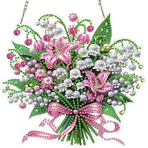 MXJSUA Diamond Maiglöckchen Painting Anhänger mit Kette Erwachsene, Diamant Painting Fensterbilder Hängende Ornament Bastelset Set für Wand Und Eingang Decor Geschenk 20x20cm