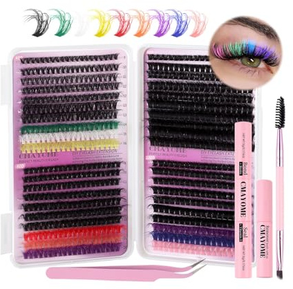 RoseFlower Kit Extension faux Cils Individuel Colorés, Extension Cils D Curl avec pinceau à mascara, applicateurs, pinces et extensions de cils individuelles, DIY cluster lashes, 9-16mm