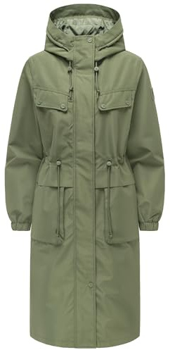 Navahoo Damen extralange wasserdichte Übergangsjacke Mantel oversize Parka mit Taillenzugband und Brusttaschen Kirschwind 14 XS-3XL