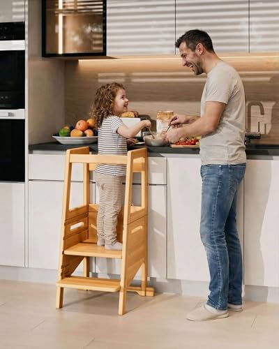 BioKinder Max Lernturm aus zertifiziertem Massivholz | 2in1 Lernturm & Tritthocker | 50 cm x 51 cm x 90 cm