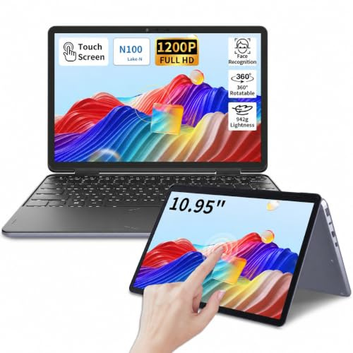 AEEVD 10.95 Touchscreen Laptop, Celeron N100, 16GB DDR4, 2000×1200 Display, 360° Convertible, Fingerprint & Backlit Keyboard, Type-C, 1.1kg, (Gray, 16GB+256GB)