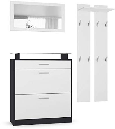 Vladon Garderobe Loret mini, Garderobenset bestehend aus 1 Schuhschrank, 1 Wandspiegel und 2 Garderobenpaneele, Schwarz matt/Weiß matt