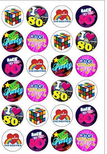 24 Precut Round The Eighties 1980's Retro Party Themed Edible Wafer paper Cake Toppers