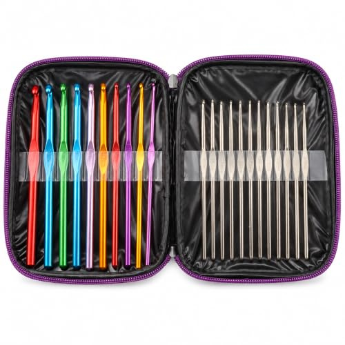 AKORD 22-Piece Set Multi-Colour Aluminum Crochet Hooks Needles Knit Weave Craft Tool