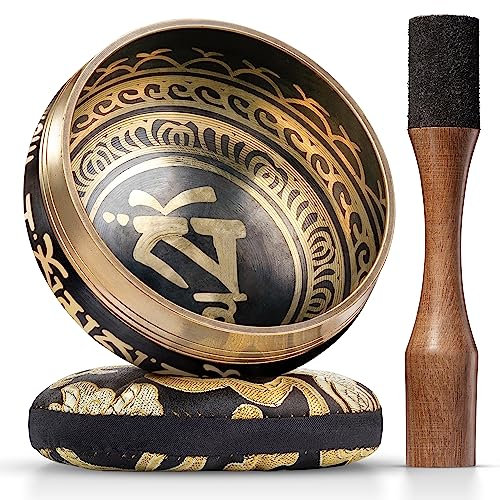 Silent Mind ~ Juego De Cuencos Tibetanos ~ Diseño Equilibrio y Armonía ~ Con Mazo De Superficie Doble Y Cojín De Seda ~ Promueve La Paz, La Curación De Chakras Y La Atención Plena (Bronce)