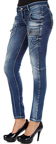 Cipo & Baxx Damen Jeans WD200B Blau - Slim Fit Skinny Jeans Hose - Mit niedriger Taille, bestickten Applikationen & Reißverschlusstaschen - WD200B Blau W27-L34