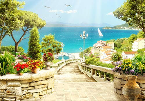 wandmotiv24 Fototapete Meer Hafen Urlaub, XL 350 x 245 cm - 7 Teile, Wanddeko, Wandbild, Wandtapete, Mediterran, Segelboot, Treppe M1103