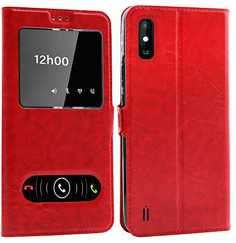 CEKA TECH Coque pour Wiko Y81 (6,2 Pouces), Etui Housse avec FENETRES, Pochette Magnétique (Rouge)