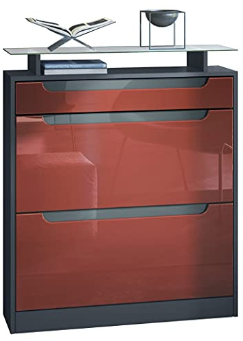 Vladon Schuhschrank Fiesta für 16 Paar Schuhe mit 2 Klappen und Glasablage, Anthrazit matt/Bordeaux Hochglanz, Griffmulden in Grau Hochglanz (89 x 104 x 23 cm)