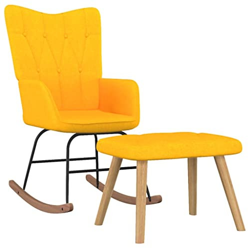 vidaXL Schaukelstuhl mit Hocker, Schwingstuhl mit Armlehne, Schaukelsessel mit Holzkufen Stahlgestell, Relaxsessel Schwingsessel Wohnzimmer, Modern, Stoff Senfgelb