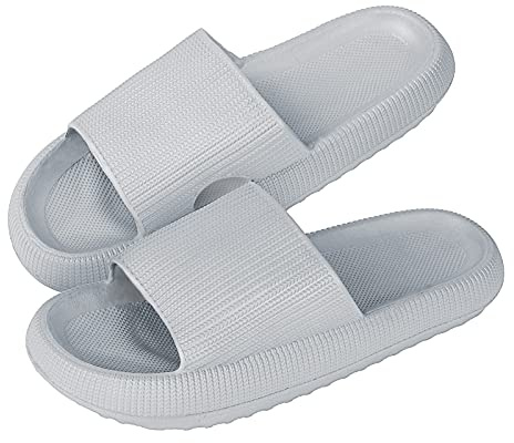 MUYOGRT Cloud Sliders Women Men, Non-Slip Cloud Slippers Women Summer, Soft Flip Flops Bathroom Slippers, Pillow Sliders for Pool Shower Beach(Lightgrey, 5.5/6.5)