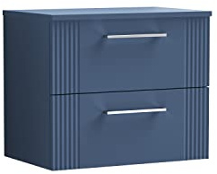 nuie DPF393W Deco Modern Bathroom Wall Hung 2 Drawer Part Fluted Vanity Basin Unit with Worktop, 600mm, Satin Blue