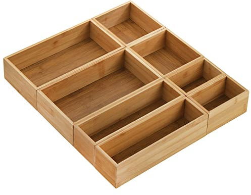 Lawei 8 Pieces Bamboo Drawer Organizer Boxes, Stackable Drawer Organizer Storage Tray 4-Size, Versatile Dividers Cutlery Holders Bins Containers for Kitchen, Bathroom, Office Desk, Makeup, Jewelry
