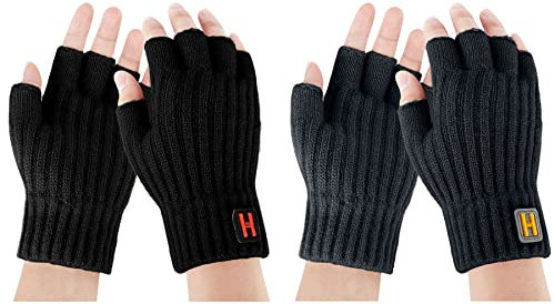 ECOMBOS Fingerlose Handschuhe für Herren – fingerlose Herren-Handschuhe, Thermo-Winter-Strickhandschuhe, Halbfinger, Fleece-gefütterte Handschuhe für Outdoor-Arbeiten, Radfahren, Fahren, Schwarz und