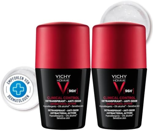 Vichy Homme Clinical Control 96h Männer, Deo-Roll-on für Männer, Schweiß- und geruchshemmend, Antibakteriell, Hypoallergen, Alkoholfrei, Für empfindliche Haut, 2x50 ml