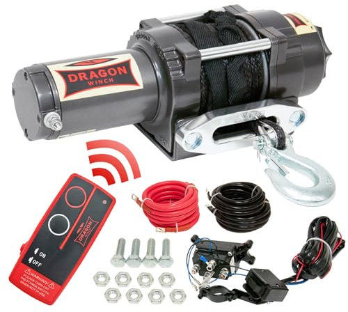 Dragon Winch - Elektrische Seilwinde Highlander I 12V I 4500 lbs (2041 kg), mit Synthetikseil 15m für Off-road Quads, ATV, UTV | Wasser- und Sandfest mit kabelloser Fernbedienung + Winde Zubehör