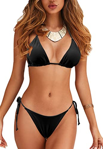 JFAN Costume da Bagno Donna Sexy Triangolo Bikini Due Pezzi Puntini A Strisce Costumi da Bagno Coulisse Lucente Clubwear Nero-A S