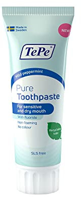 TePe Pure Toothpaste, mild Peppermint, Very Gentle Everyday Fluoride Toothpaste for Sensitive Gums and Dry Mouth, Age-Appropriate Fluoride Level