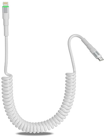 [MFi Zertifiziert] Spiralkabel Lightning Kabel für Apple CarPlay, USB-C iPhone Ladekabel PD 27W Schnellladung mit Datenübertragung & LED, Weiß