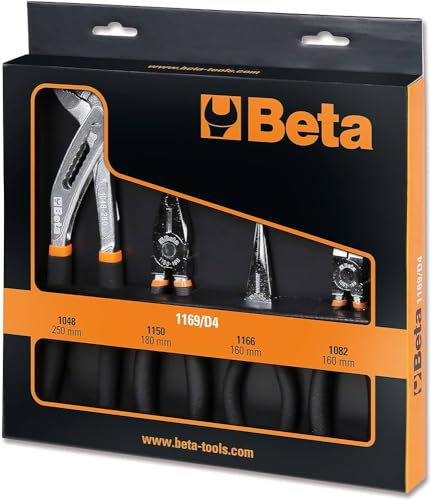Beta 1169N/D4 - Assortimento di 1 pinza universale a grande effetto, 1 pinza becchi mezzotondi lunghi, 1 tronchese cromato e 1 pinza a cerniera chiusa fosfatata