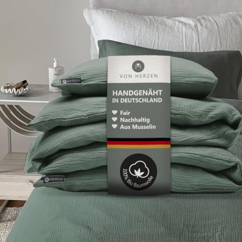 von Herzen Musselin Bettwäsche I weiche Bettwäsche I 100% Baumwolle I Bezug für Bettdecke + Kissen I Bettwäscheset mit Reißverschluss für Erwachsene I handgenäht I Salbei 155x220 / 80x80