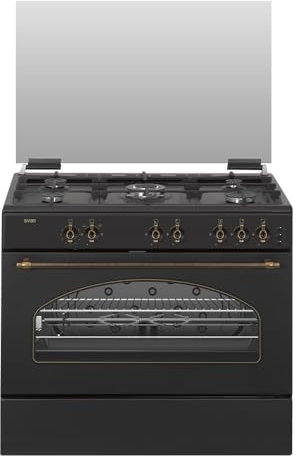 Svan Cocina Gas Butano 5 Zonas de Cocción, Horno 92 L, Rústico negro SKGW5900RN. Control Manual, Quemador WOK triple llama, 2 Programas de Cocción, Cristal en Puerta de Doble Capa, Tapa Abatible