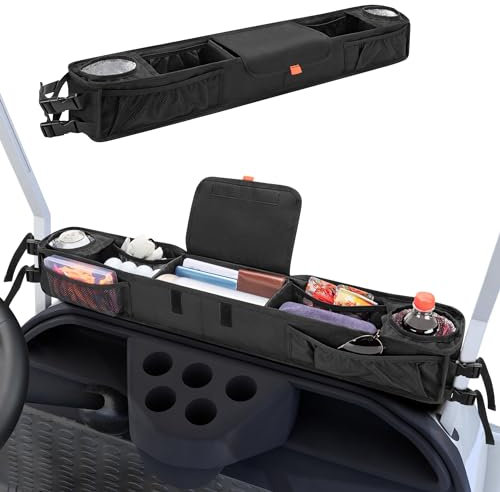 PGmoon Golf Cart Front Storage Basket with Insulated Cup Holders, No-Drilling Dash Tray Organizer Compatible with EZGO, Club Car, Kandi Electirc Golf Cart, Golf Cart Storage Organizer