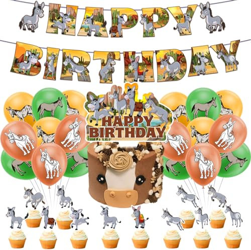 POMNUG Esel Geburtstag Party Supplies Esel Party Dekoration Kit Mit Netten Esel Geburtstag Banner Kuchen Topper Cupcake Toppers Ballons, POMNUG-AB08