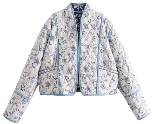Wyeysyt Women's Cropped Puffer Quilted Jacket Cardigan Floral Printed Lightweight Long Sleeve Open Front Short Padded Coats(White-S)