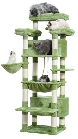 Gitelsnour Árbol para gatos de interior grande adulto, torre para gatos de 74 pulgadas con 3 plataformas grandes, 2 cestas, 2 condominios, postes rascadores para gatos de varios niveles, verde