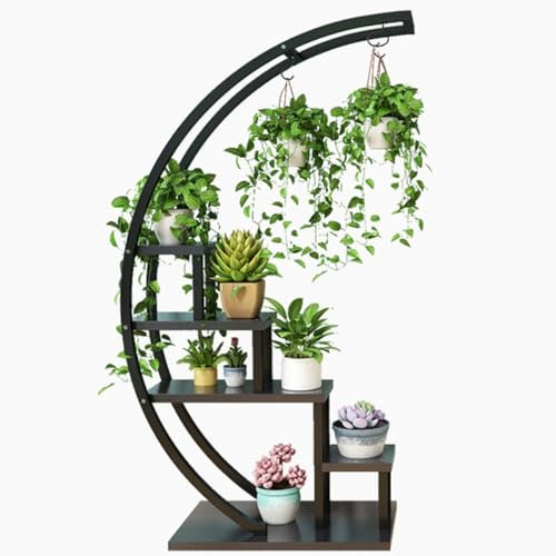 5 Tier Tall Plant Stand Indoor Half Moon Shape Hanging Plant Shelf Holder Ladder Flower Pot Stand Display Rack Creative Half Moon Plant Shelf Rack for Living Room, Balcony, Patio, Garden ( Color : Bla