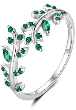 MASOP Ring Sterling Silber 925 Zweig Blatt Verstellbar Offener Ringe Grün AAA Zirkonia Sterlingsilber Klein Schmuck Geschenke für Damen Frauen Freundin Mädchen Schwester Mutter Geburtstag
