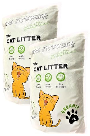 HS Petcare Organic Tofu Cat Litter Original Scent, Ultra clumping, Great odour control, Flushable reduce waste, Long lasting Dust free (Pack of 2 (14L), Green Tea/Matcha)