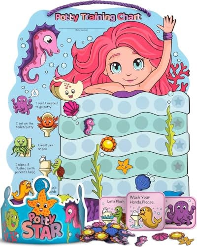 Potty Training Chart with 35 Magnetic Stickers, 3 Reminder Stickers and Crown for Toddlers Girls - Potty Training Rewards for Kids - Mermaid