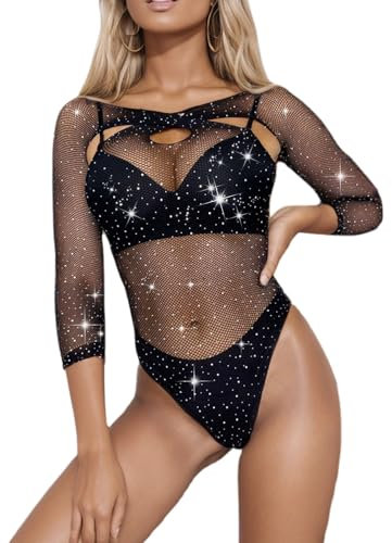 Black Bodysuit Women Sexy Lingerie Sparkly Bodysuit Women Fishnet Long Sleeve Bodysuit Women Sexy Lingerie Sparkle Diamante Top Bodysuit See Through Jumpsuit Sheer Bodysuit Long Sleeve Sexy Underwear
