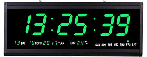 Queeucaer große Digitale Wanduhr mit automatisch dimmbare Digitaluhr mit großem Display Wanduhren Digital Wanduhr Funk-wanduhr Temperaturanzeige Display Datumanzeige grün