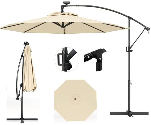 TANGZON 3m Cantilever Garden Parasol, Heavy Duty Offset Patio Umbrella with Cross Base, 360° Rotation & Easy Tilt Adjustment, Outdoor Square Hanging Sun Shade Roma Umbrella (Beige, with 32 LED Lights)