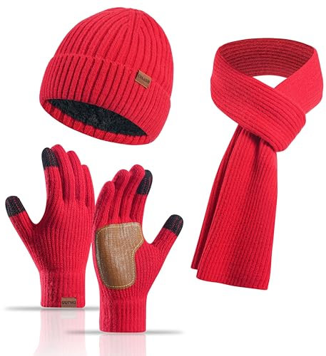 Yoolhamy 3-Teiliges Set: Mütze, Schal und Handschuhe für Damen - Wintermütze Beanie Mit Fleece Gefüttert, Wärmer Schla, Touchscreen Handschuhe, Thermo Strickmütze für Outdoor-Skimütze
