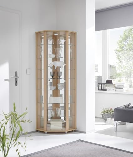 möbelando Eckvitrine >Trio< in Buche Dekor - 71x172x50cm (BxHxT)