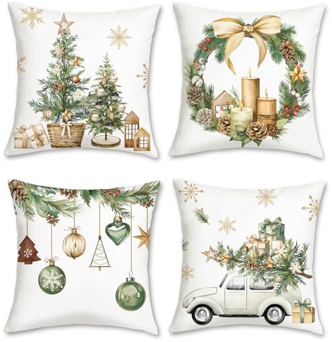 Bonhause 4er Set Kissenbezüge Weihnachten Winter 45 x 45 cm Weihnachtsbäume Kiefernblätter LKW Dekorative Kissenhülle Zierkissenbezüge für Sofa Schlafzimmer Zuhause Dekoration
