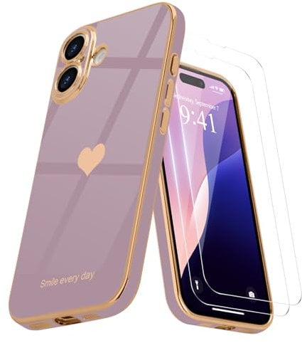 Teageo for iPhone 16 Case with 2 Screen Protector Heart Pattern for Women Girls Luxury Bling Plating Soft TPU Anti-Scratch Shockproof Bumper Phone Case for iPhone 16, Lavender