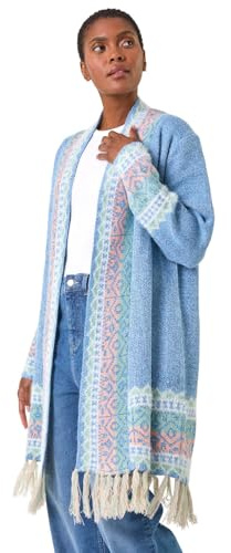 Roman Originals Women Cardigan - Ladies Longline Coatigan Tassel Open Front Cardi Winter Autumn Casual Textured Edge to Edge Yarn Patterned Comfy Work Going Out - Light Blue Multi - Size 16