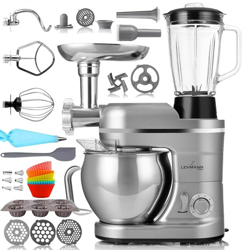 Lehmann Robot da cucina multifunzione 3 in 1, 3000 W, macchina per impastare e mescolare con tritacarne e spremiagrumi da 1,5 l, con sistema planetario, set di salsicce, pirottini per muffin e set da