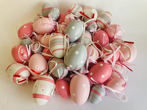 khevga 48er Set Ostereier aus Plastik – Deko Eier in Lila, Weiß, Grau – Plastik mit Stoffanhänger – 4 cm & 6 cm – mit Streifen & Punkten – Osterdeko zum Hängen
