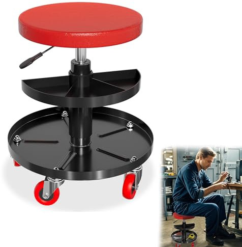 YRHome Werkstatthocker mit Rollen Höhenverstellbar 41-51cm Werkstattstuhl Werkstatt Rollsitz Rollhocker Ergonomischer Sitze ø30cm Montagehocker mit 360° Rollen & 2 Werkzeugablage für Werkzeuge 130kg