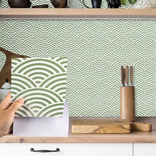 Fantasnight Tile Stickers Green, Wave Vinyl Stick on Tiles Matt 15x15cm 12Pcs, Self Adhesive Wall, Waterproof Peel and Stick for Bathroom, Backsplash for Kitchen